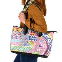 Maori Kowhaiwhai Taniko Patchwork Rainbow Motifs Leather Tote Bag LT9 Rainbow - Polynesian Pride