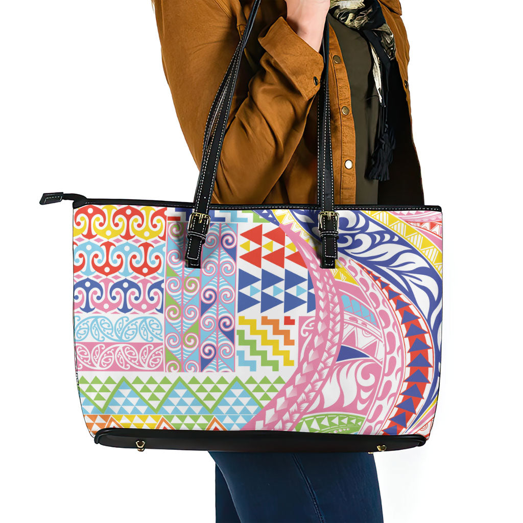 Maori Kowhaiwhai Taniko Patchwork Rainbow Motifs Leather Tote Bag LT9 - Polynesian Pride