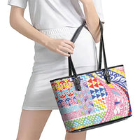 Maori Kowhaiwhai Taniko Patchwork Rainbow Motifs Leather Tote Bag LT9 - Polynesian Pride