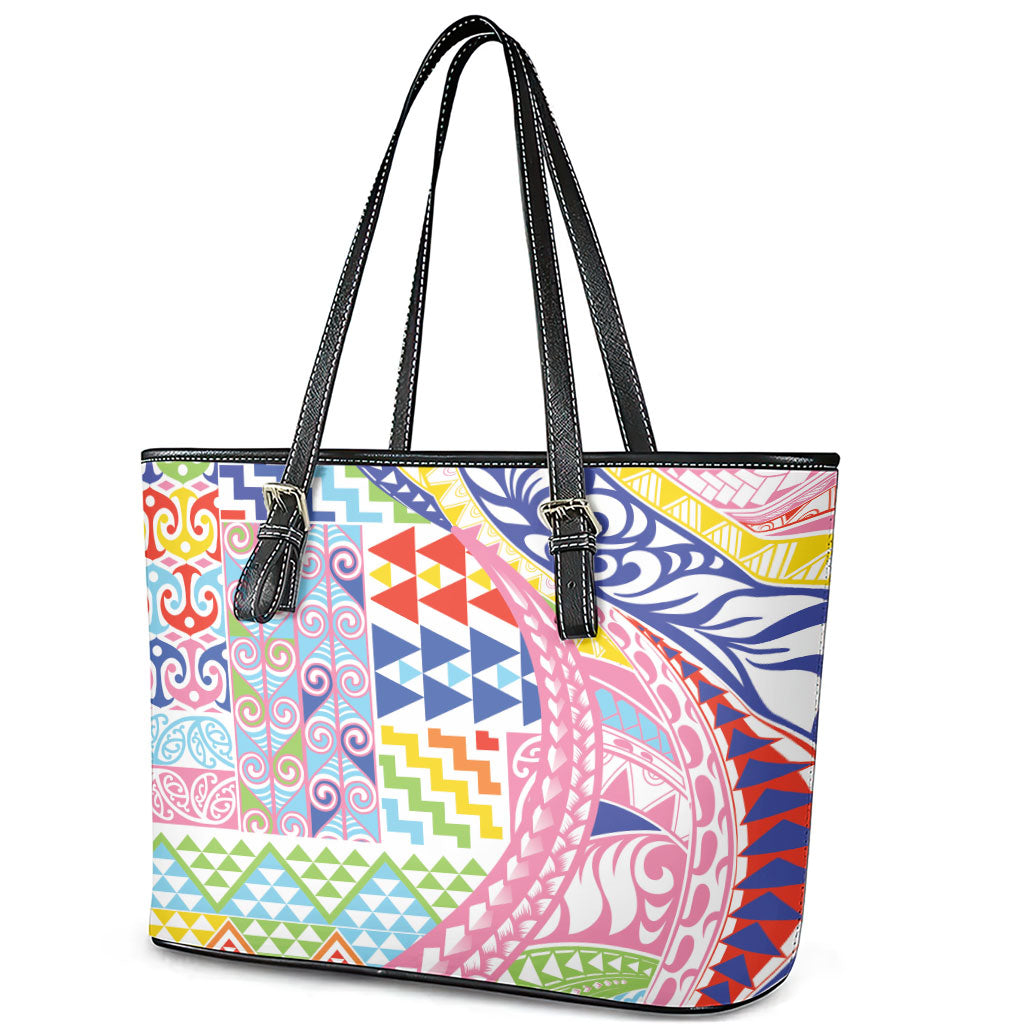 Maori Kowhaiwhai Taniko Patchwork Rainbow Motifs Leather Tote Bag LT9 - Polynesian Pride