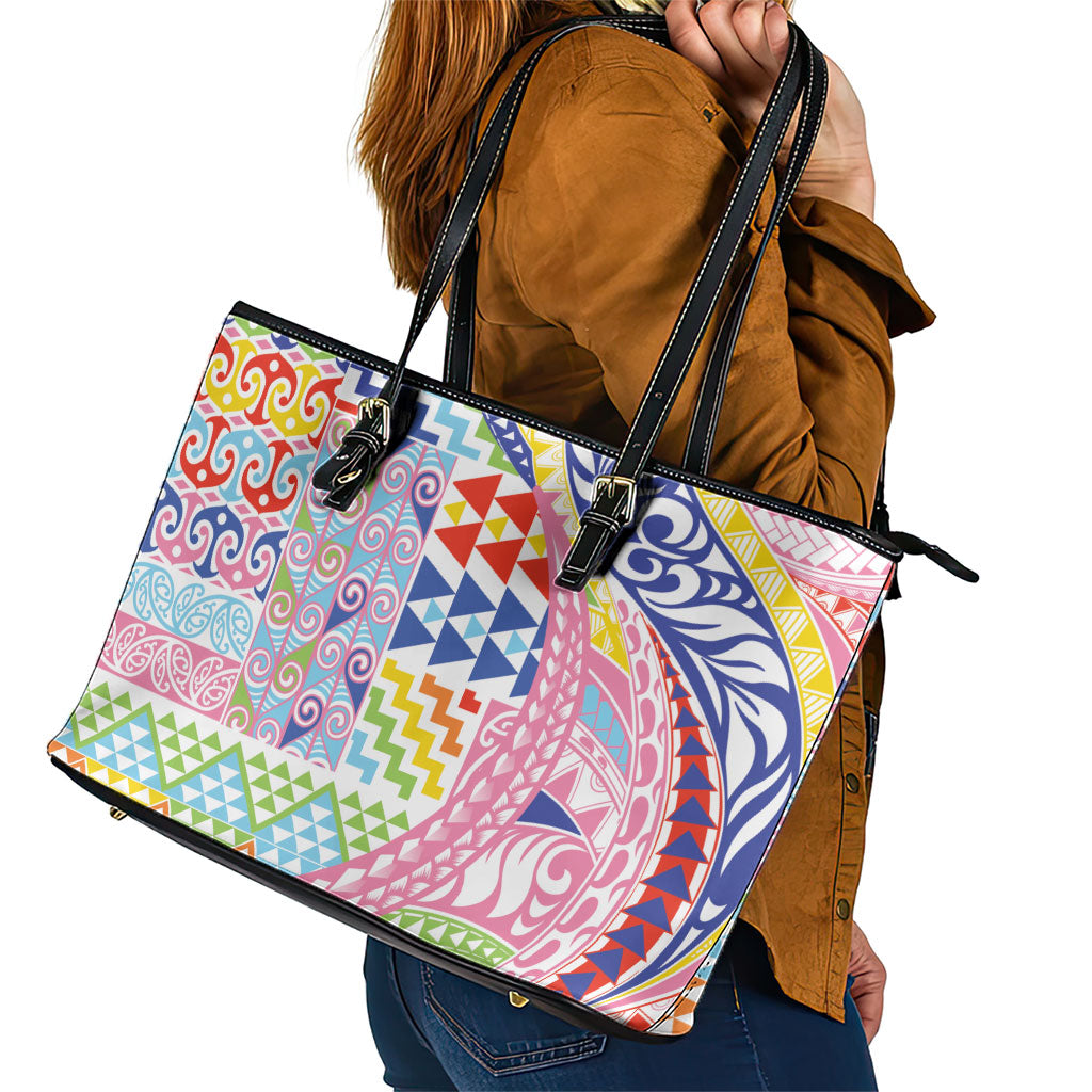 Maori Kowhaiwhai Taniko Patchwork Rainbow Motifs Leather Tote Bag LT9 - Polynesian Pride