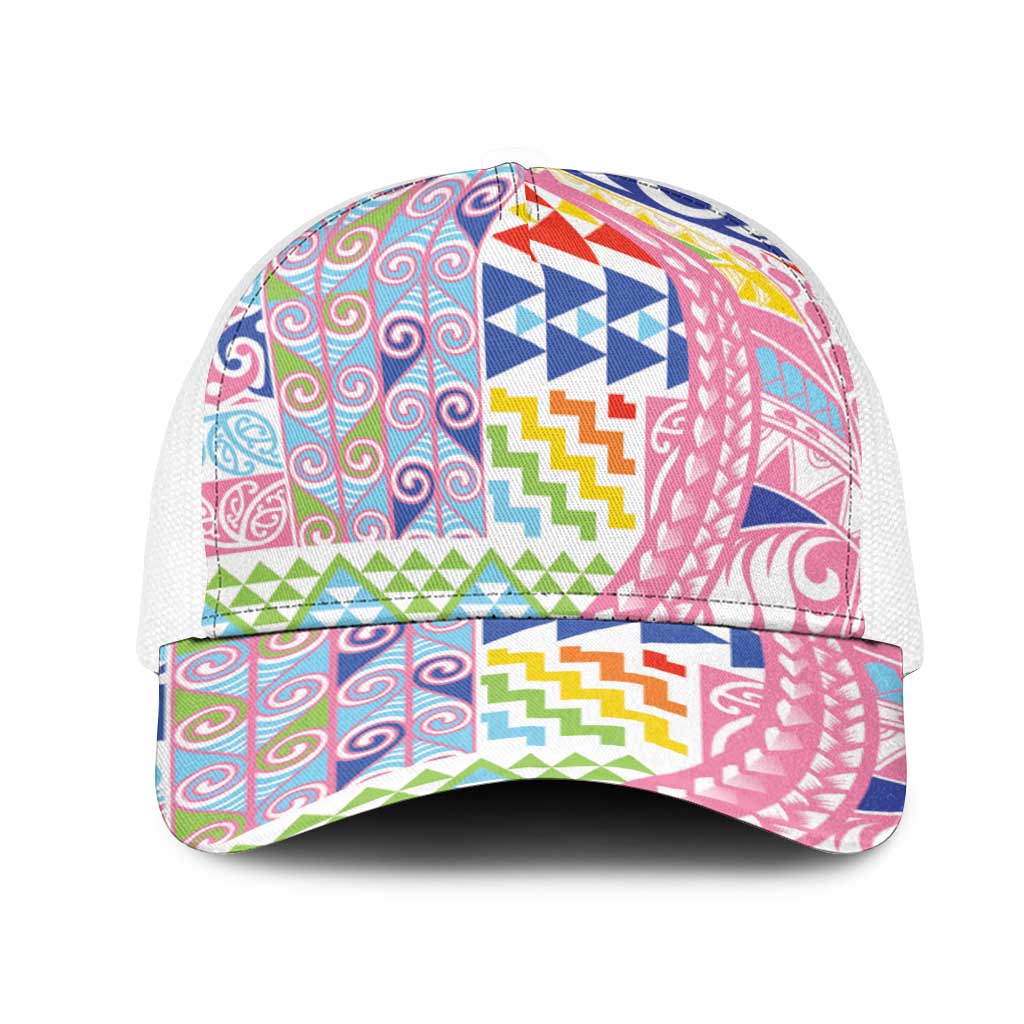Maori Kowhaiwhai Taniko Patchwork Rainbow Motifs Mesh Trucker Cap LT9 One Size White Rainbow - Polynesian Pride