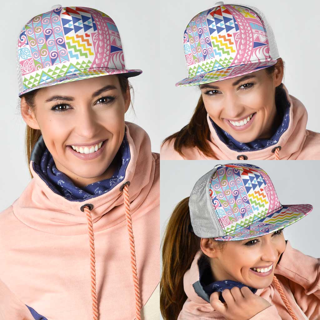Maori Kowhaiwhai Taniko Patchwork Rainbow Motifs Mesh Trucker Cap LT9 - Polynesian Pride