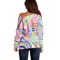 Maori Kowhaiwhai Taniko Patchwork Rainbow Motifs Off Shoulder Sweater LT9 - Polynesian Pride