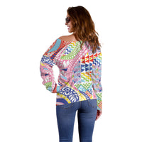 Maori Kowhaiwhai Taniko Patchwork Rainbow Motifs Off Shoulder Sweater LT9 - Polynesian Pride