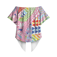 Maori Kowhaiwhai Taniko Patchwork Rainbow Motifs Off Shoulder Wrap Waist Top LT9 - Polynesian Pride