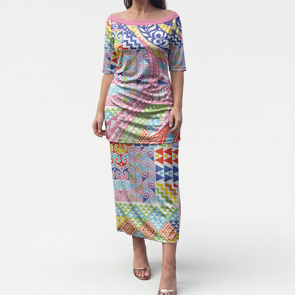 Maori Kowhaiwhai Taniko Patchwork Rainbow Motifs Puletasi LT9 Long Dress Rainbow - Polynesian Pride