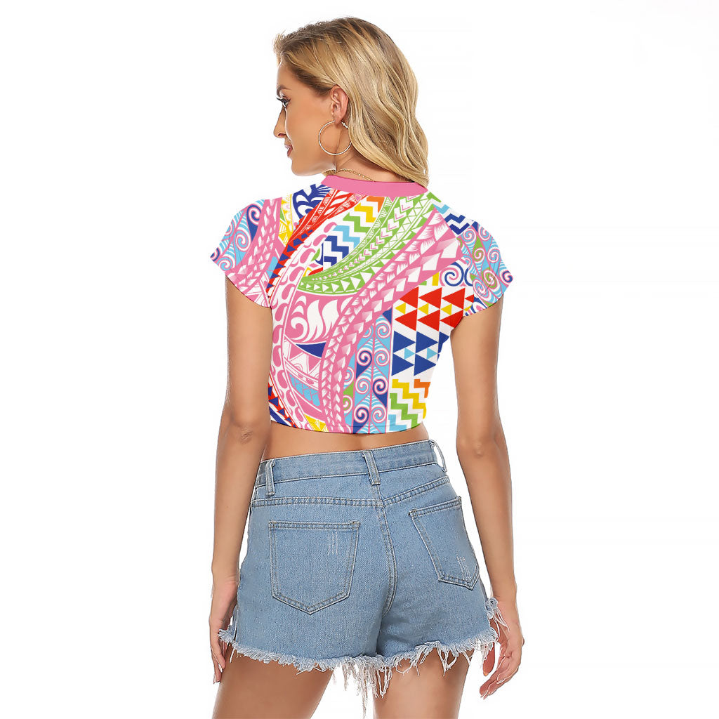 Maori Kowhaiwhai Taniko Patchwork Rainbow Motifs Raglan Cropped T Shirt LT9 - Polynesian Pride