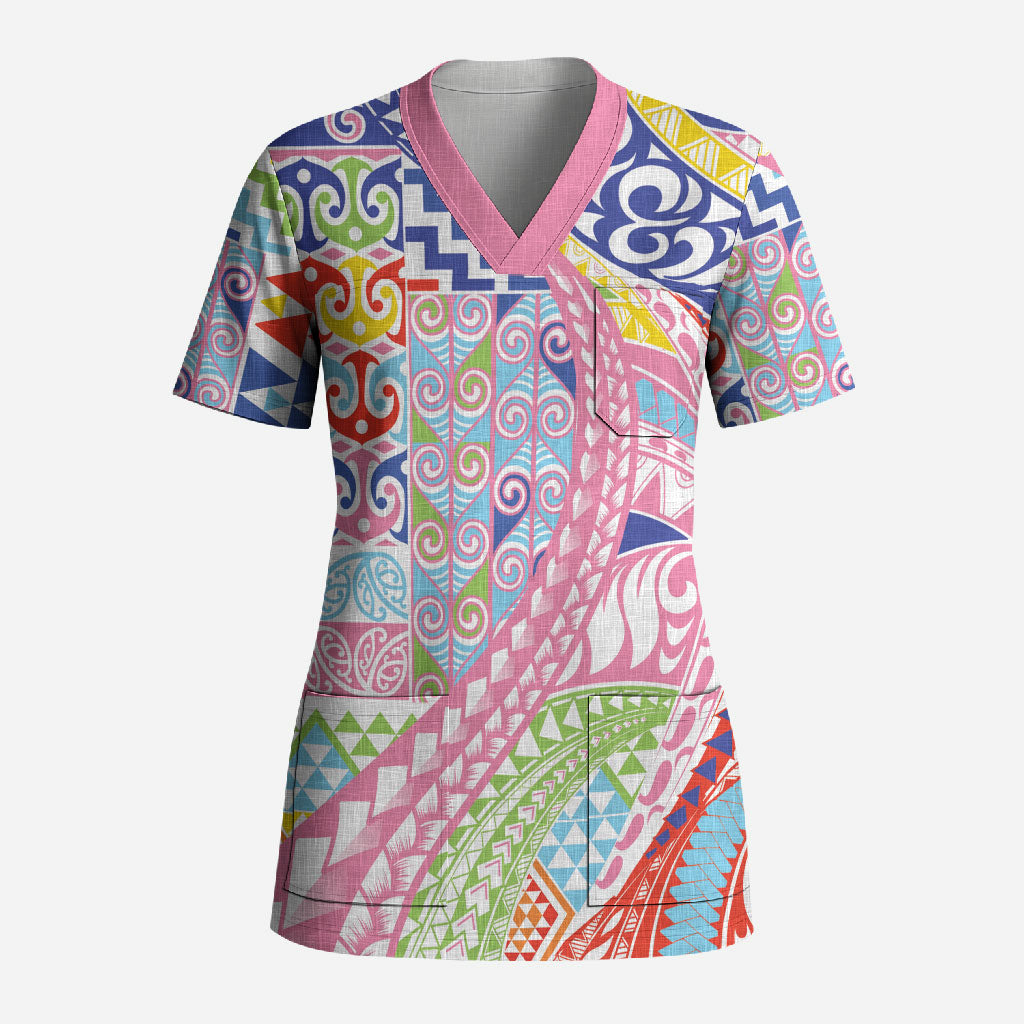 Maori Kowhaiwhai Taniko Patchwork Rainbow Motifs Scrub Top LT9 Adult Rainbow - Polynesian Pride