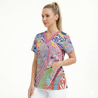 Maori Kowhaiwhai Taniko Patchwork Rainbow Motifs Scrub Top LT9 - Polynesian Pride