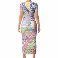 Maori Kowhaiwhai Taniko Patchwork Rainbow Motifs Short Sleeve Bodycon Dress LT9 - Polynesian Pride