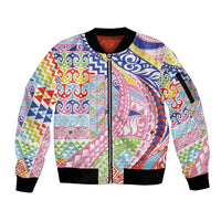 Maori Kowhaiwhai Taniko Patchwork Rainbow Motifs Sleeve Zip Bomber Jacket LT9 Unisex Rainbow - Polynesian Pride