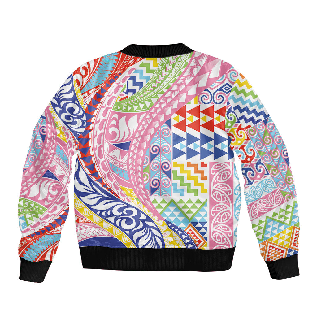 Maori Kowhaiwhai Taniko Patchwork Rainbow Motifs Sleeve Zip Bomber Jacket LT9 - Polynesian Pride