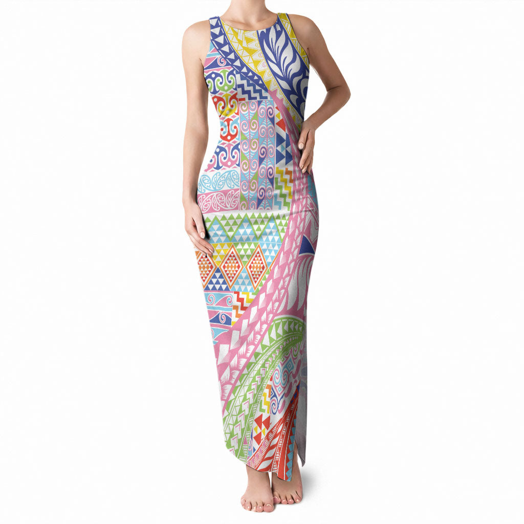 Maori Kowhaiwhai Taniko Patchwork Rainbow Motifs Tank Maxi Dress LT9 Women Rainbow - Polynesian Pride
