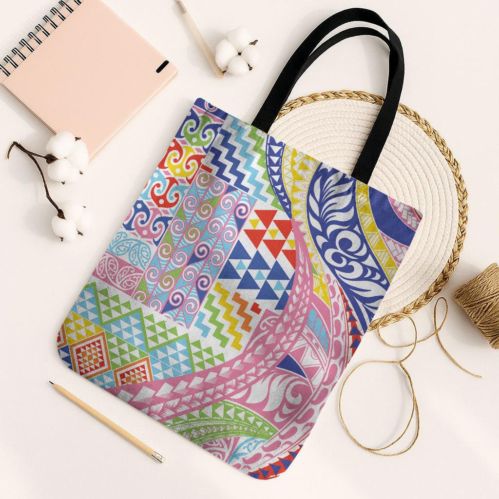 Maori Kowhaiwhai Taniko Patchwork Rainbow Motifs Tote Bag LT9 Black Strap One Size Rainbow - Polynesian Pride