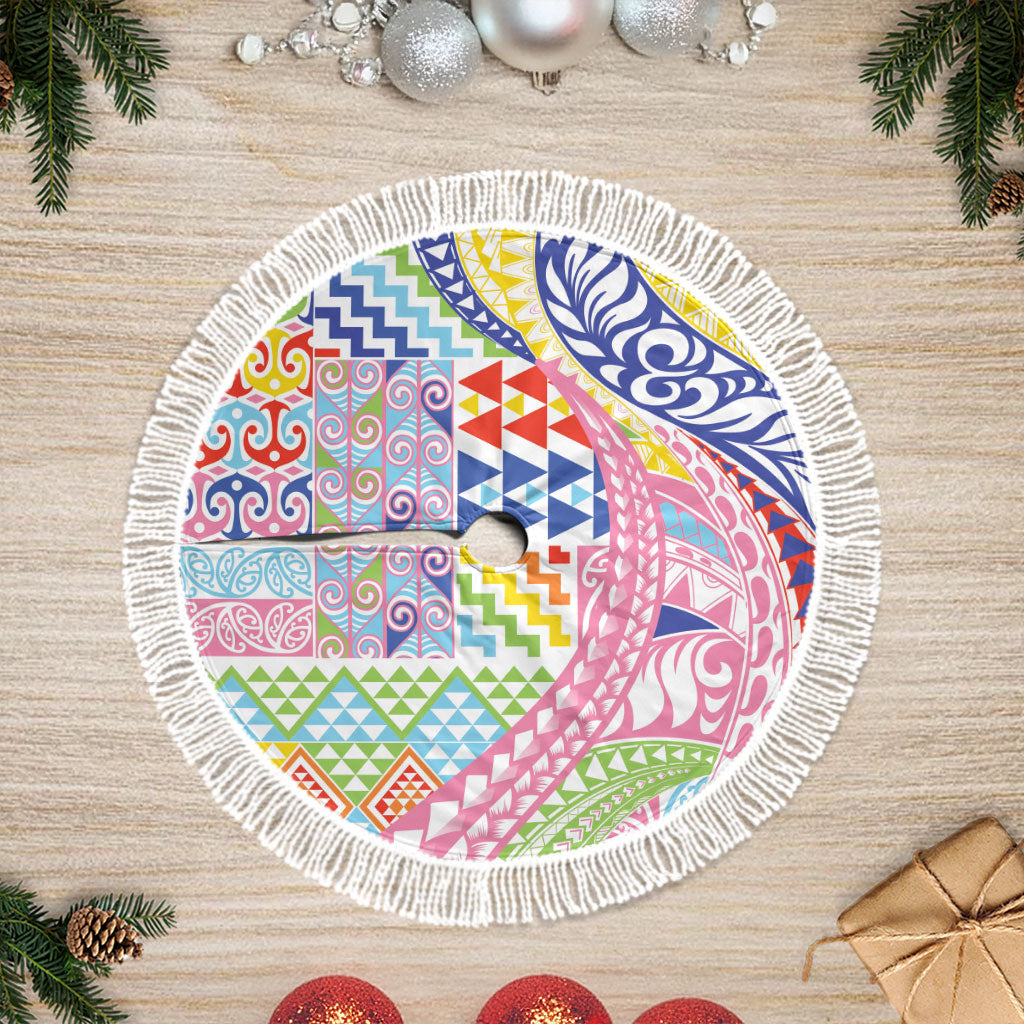 Maori Kowhaiwhai Taniko Patchwork Rainbow Motifs Tree Skirt LT9 Fringed Rainbow - Polynesian Pride