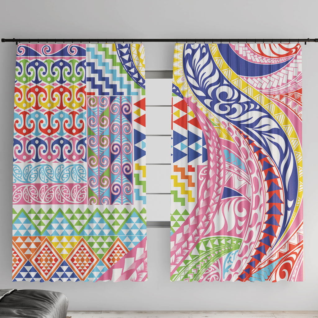 Maori Kowhaiwhai Taniko Patchwork Rainbow Motifs Window Curtain LT9 With Hooks Rainbow - Polynesian Pride