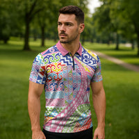 Maori Kowhaiwhai Taniko Patchwork Rainbow Motifs Zipper Polo Shirt LT9 - Polynesian Pride