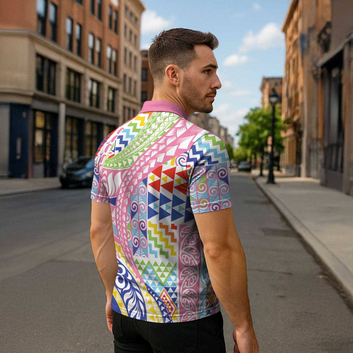 Maori Kowhaiwhai Taniko Patchwork Rainbow Motifs Zipper Polo Shirt LT9 - Polynesian Pride