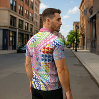 Maori Kowhaiwhai Taniko Patchwork Rainbow Motifs Zipper Polo Shirt LT9 - Polynesian Pride