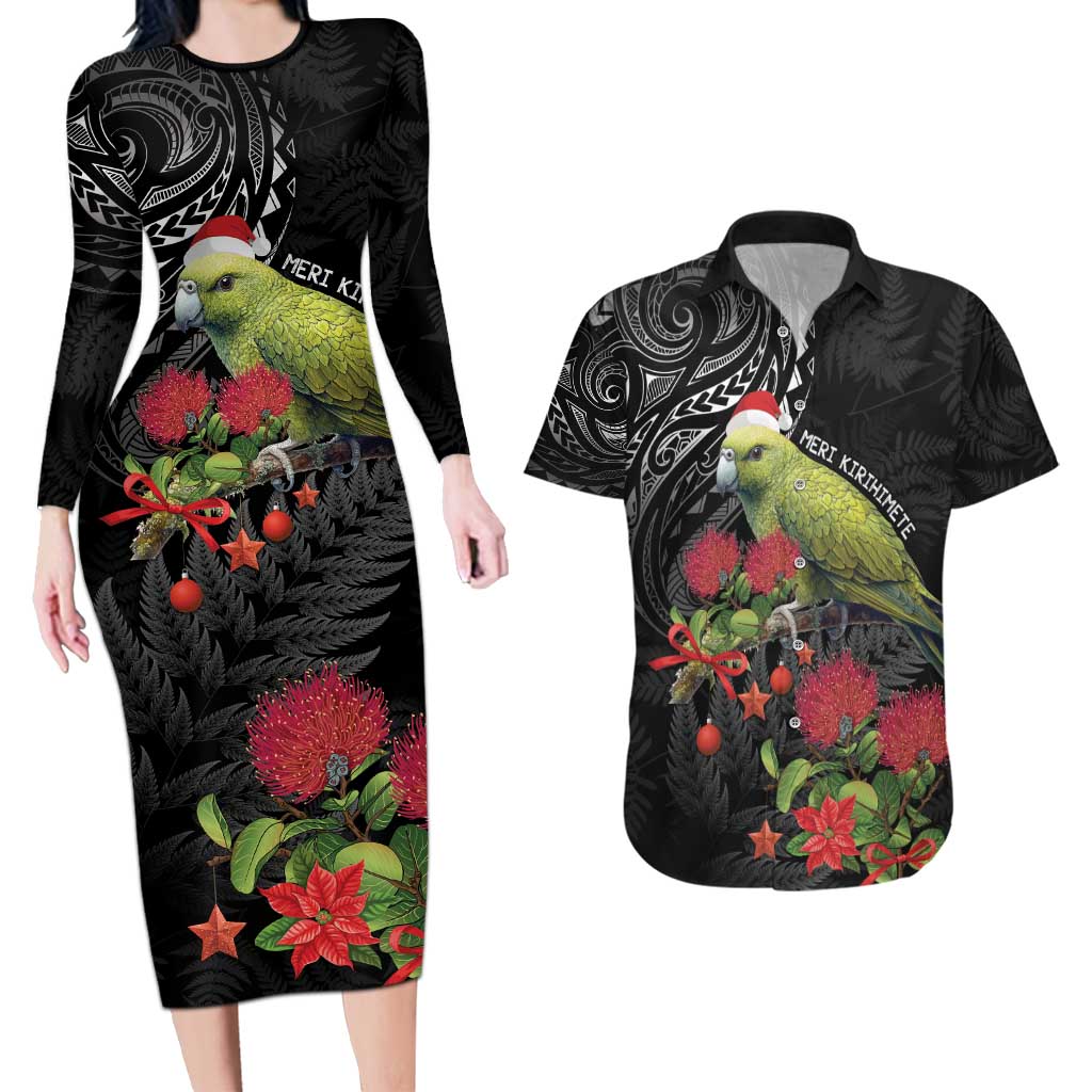 Meri Kirihimete Kakapo Couples Matching Long Sleeve Bodycon Dress and Hawaiian Shirt Black Silver Fern Christmas Vibe LT9 Black - Polynesian Pride
