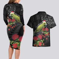 Meri Kirihimete Kakapo Couples Matching Long Sleeve Bodycon Dress and Hawaiian Shirt Black Silver Fern Christmas Vibe LT9 - Polynesian Pride