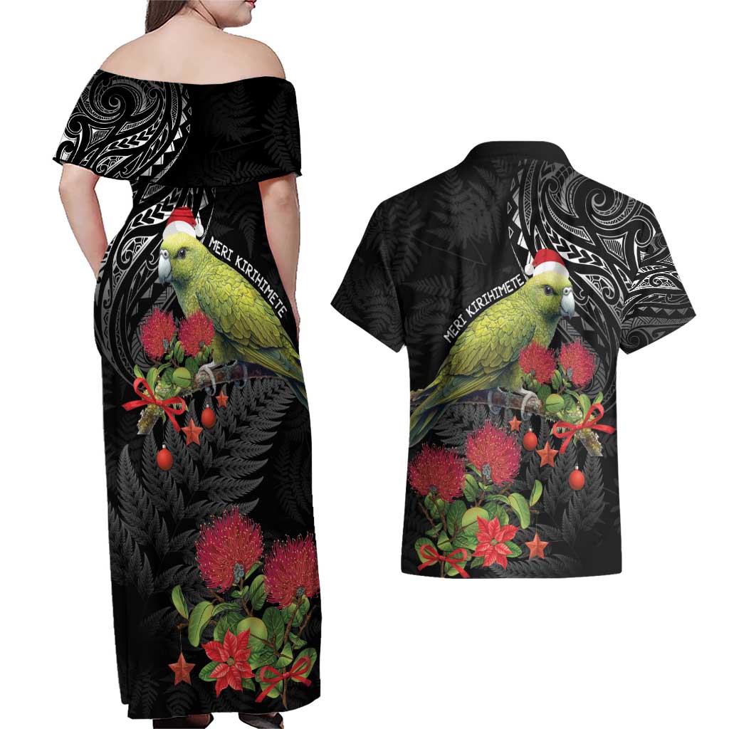Meri Kirihimete Kakapo Couples Matching Off Shoulder Maxi Dress and Hawaiian Shirt Black Silver Fern Christmas Vibe LT9 - Polynesian Pride