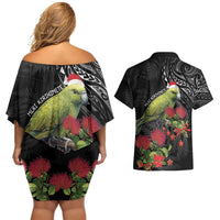 Meri Kirihimete Kakapo Couples Matching Off Shoulder Short Dress and Hawaiian Shirt Black Silver Fern Christmas Vibe LT9 - Polynesian Pride