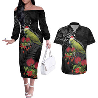 Meri Kirihimete Kakapo Couples Matching Off The Shoulder Long Sleeve Dress and Hawaiian Shirt Black Silver Fern Christmas Vibe LT9 Black - Polynesian Pride