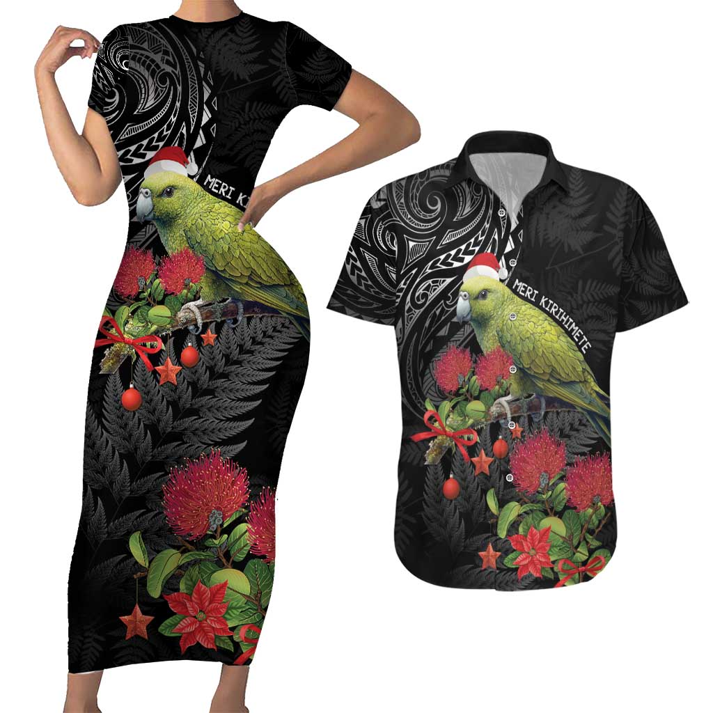 Meri Kirihimete Kakapo Couples Matching Short Sleeve Bodycon Dress and Hawaiian Shirt Black Silver Fern Christmas Vibe LT9 Black - Polynesian Pride
