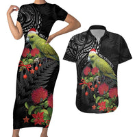 Meri Kirihimete Kakapo Couples Matching Short Sleeve Bodycon Dress and Hawaiian Shirt Black Silver Fern Christmas Vibe LT9 Black - Polynesian Pride