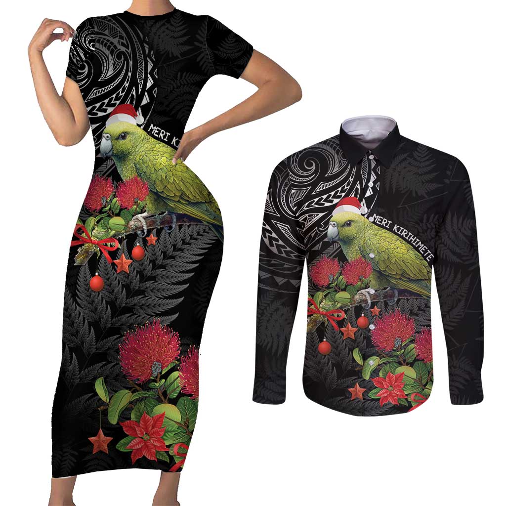 Meri Kirihimete Kakapo Couples Matching Short Sleeve Bodycon Dress and Long Sleeve Button Shirt Black Silver Fern Christmas Vibe LT9 Black - Polynesian Pride
