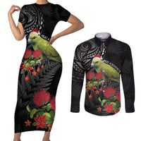 Meri Kirihimete Kakapo Couples Matching Short Sleeve Bodycon Dress and Long Sleeve Button Shirt Black Silver Fern Christmas Vibe LT9 Black - Polynesian Pride