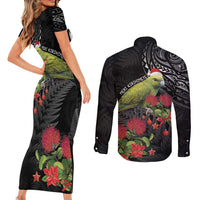 Meri Kirihimete Kakapo Couples Matching Short Sleeve Bodycon Dress and Long Sleeve Button Shirt Black Silver Fern Christmas Vibe LT9 - Polynesian Pride