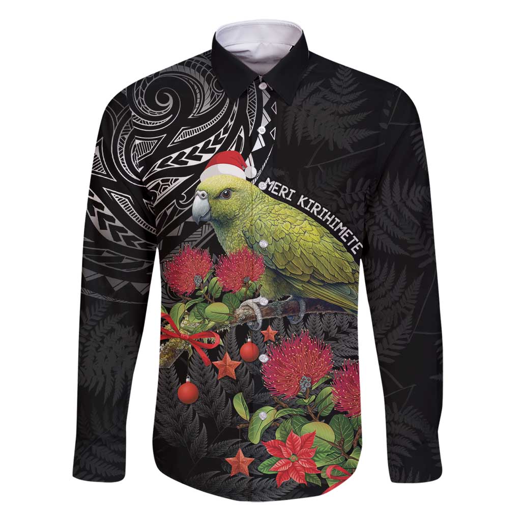Meri Kirihimete Kakapo Family Matching Long Sleeve Bodycon Dress and Hawaiian Shirt Black Silver Fern Christmas Vibe LT9 Dad's Shirt - Long Sleeve Black - Polynesian Pride