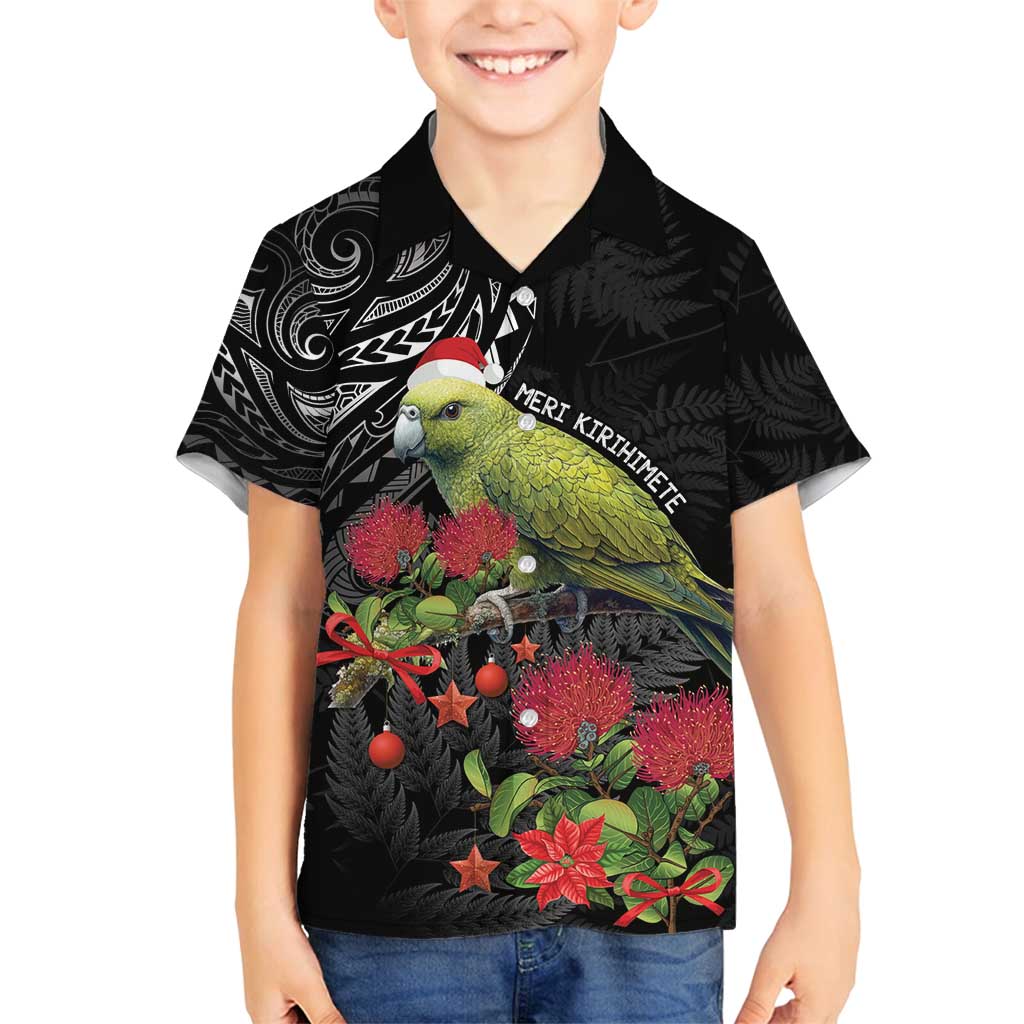 Meri Kirihimete Kakapo Family Matching Long Sleeve Bodycon Dress and Hawaiian Shirt Black Silver Fern Christmas Vibe LT9 Son's Shirt Black - Polynesian Pride