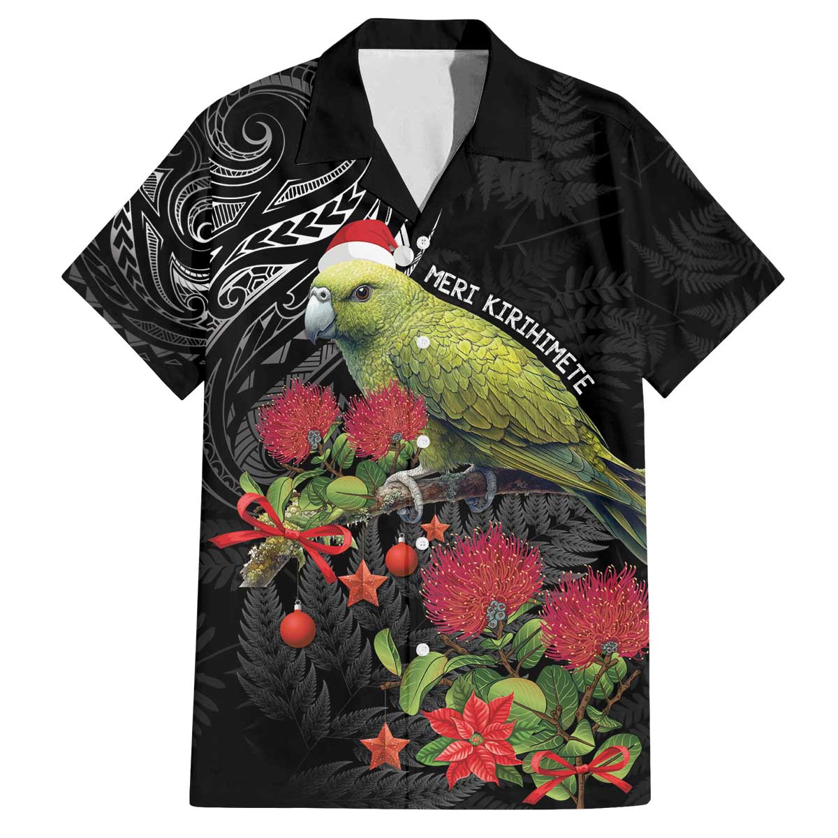 Meri Kirihimete Kakapo Family Matching Off The Shoulder Long Sleeve Dress and Hawaiian Shirt Black Silver Fern Christmas Vibe LT9 Dad's Shirt - Short Sleeve Black - Polynesian Pride
