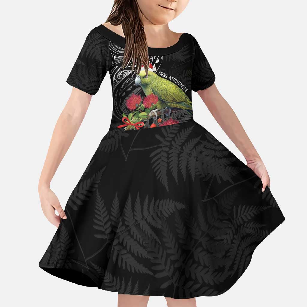 Meri Kirihimete Kakapo Family Matching Off Shoulder Maxi Dress and Hawaiian Shirt Black Silver Fern Christmas Vibe LT9 Daughter's Dress Black - Polynesian Pride