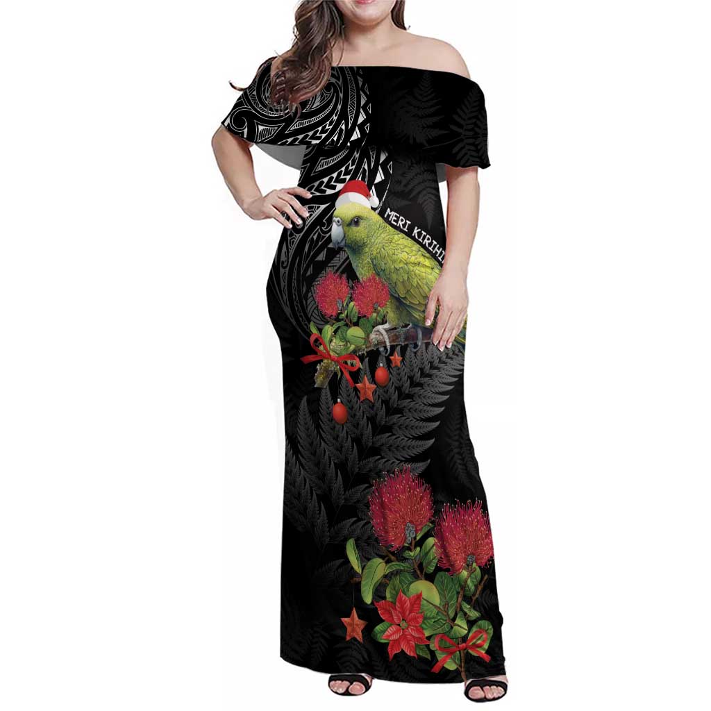 Meri Kirihimete Kakapo Family Matching Off Shoulder Maxi Dress and Hawaiian Shirt Black Silver Fern Christmas Vibe LT9 Mom's Dress Black - Polynesian Pride