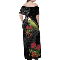 Meri Kirihimete Kakapo Family Matching Off Shoulder Maxi Dress and Hawaiian Shirt Black Silver Fern Christmas Vibe LT9 - Polynesian Pride