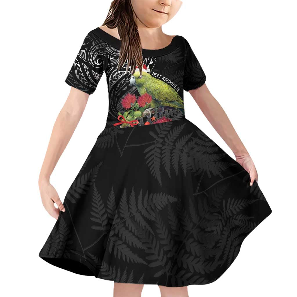 Meri Kirihimete Kakapo Family Matching Off Shoulder Short Dress and Hawaiian Shirt Black Silver Fern Christmas Vibe LT9 Daughter's Dress Black - Polynesian Pride
