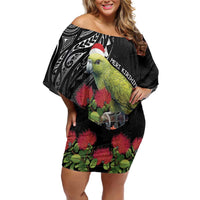 Meri Kirihimete Kakapo Family Matching Off Shoulder Short Dress and Hawaiian Shirt Black Silver Fern Christmas Vibe LT9 Mom's Dress Black - Polynesian Pride