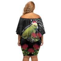 Meri Kirihimete Kakapo Family Matching Off Shoulder Short Dress and Hawaiian Shirt Black Silver Fern Christmas Vibe LT9 - Polynesian Pride