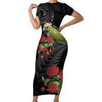 Meri Kirihimete Kakapo Family Matching Short Sleeve Bodycon Dress and Hawaiian Shirt Black Silver Fern Christmas Vibe LT9 Mom's Dress Black - Polynesian Pride