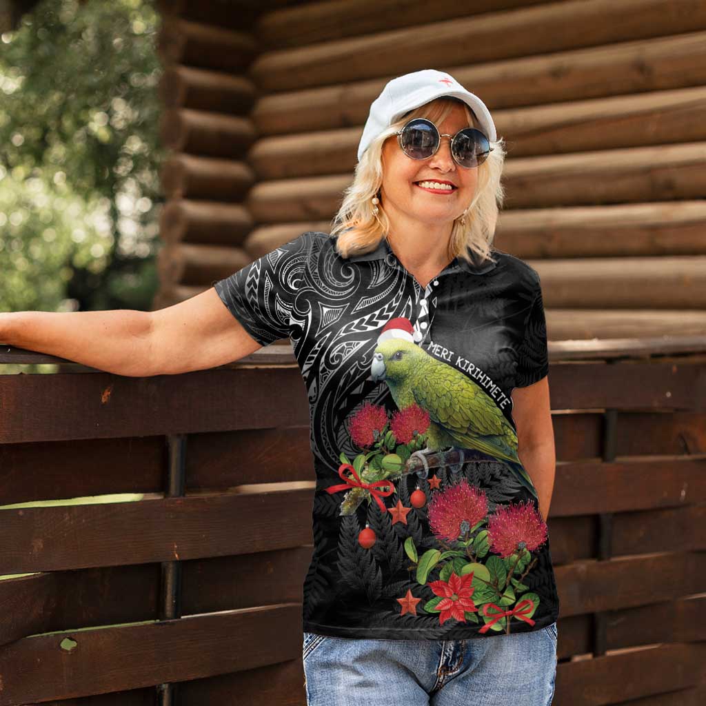 Meri Kirihimete Kakapo Women Polo Shirt Black Silver Fern Christmas Vibe