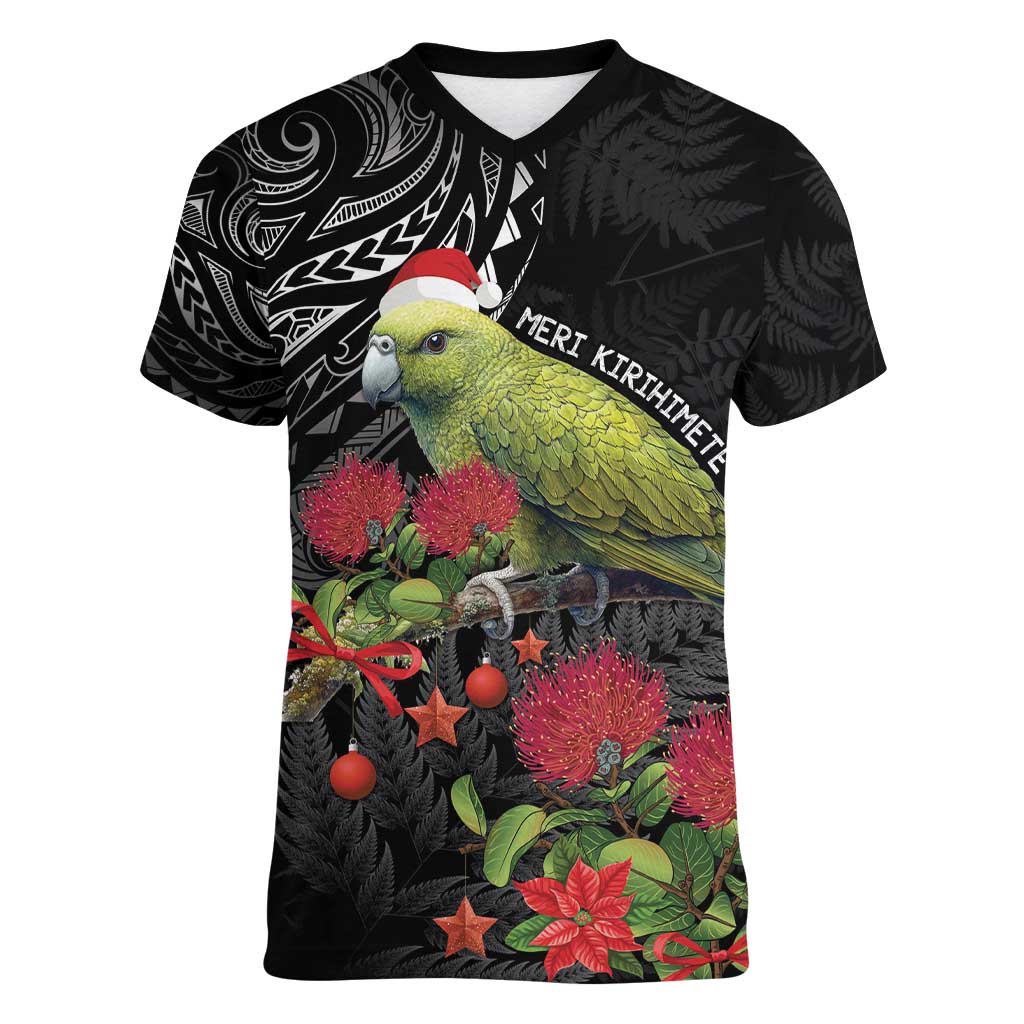 Meri Kirihimete Kakapo Women V-Neck T-Shirt Black Silver Fern Christmas Vibe