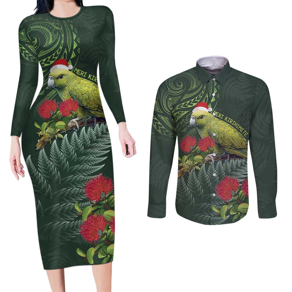 Meri Kirihimete Kakapo Couples Matching Long Sleeve Bodycon Dress and Long Sleeve Button Shirt Green Silver Fern Christmas Vibe LT9 Green - Polynesian Pride