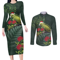 Meri Kirihimete Kakapo Couples Matching Long Sleeve Bodycon Dress and Long Sleeve Button Shirt Green Silver Fern Christmas Vibe LT9 Green - Polynesian Pride