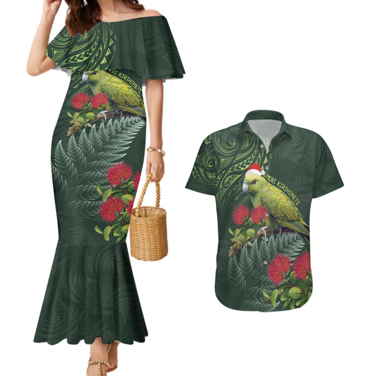 Meri Kirihimete Kakapo Couples Matching Mermaid Dress and Hawaiian Shirt Green Silver Fern Christmas Vibe LT9 Green - Polynesian Pride