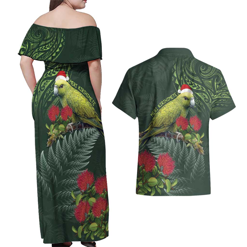 Meri Kirihimete Kakapo Couples Matching Off Shoulder Maxi Dress and Hawaiian Shirt Green Silver Fern Christmas Vibe LT9 - Polynesian Pride